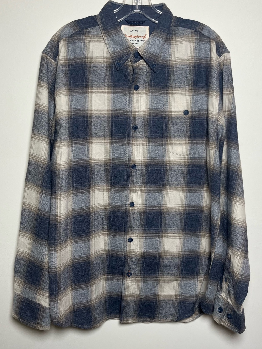 Men's Weatherproof Vintage Waffle Navy and White Plaid Button-Down Flannel Shirt